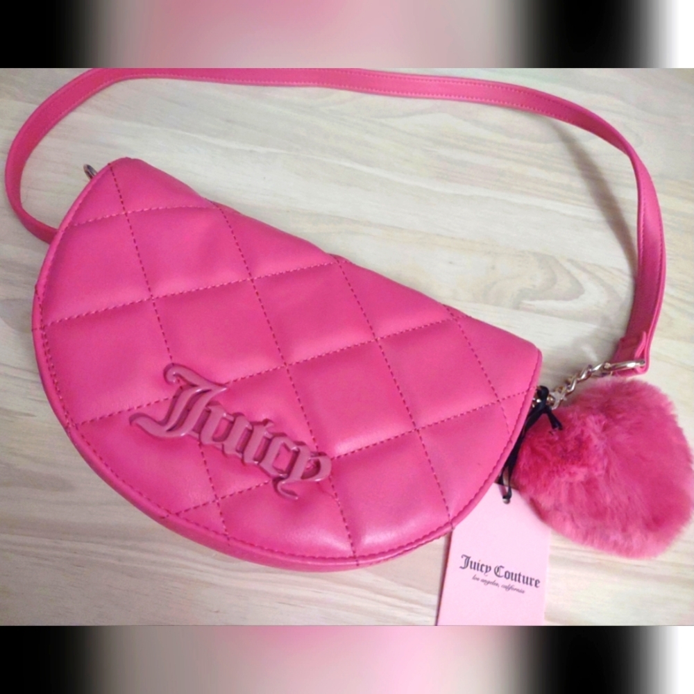 Juicy Couture y2k Hot Pink Quilted Halfmoon Purse Bag Pompom Heart